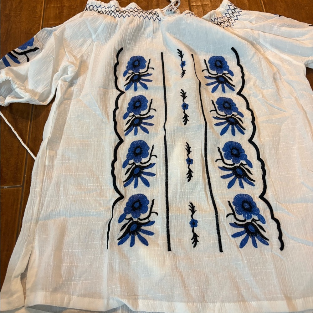 Embroidered White and Blue Women's Top